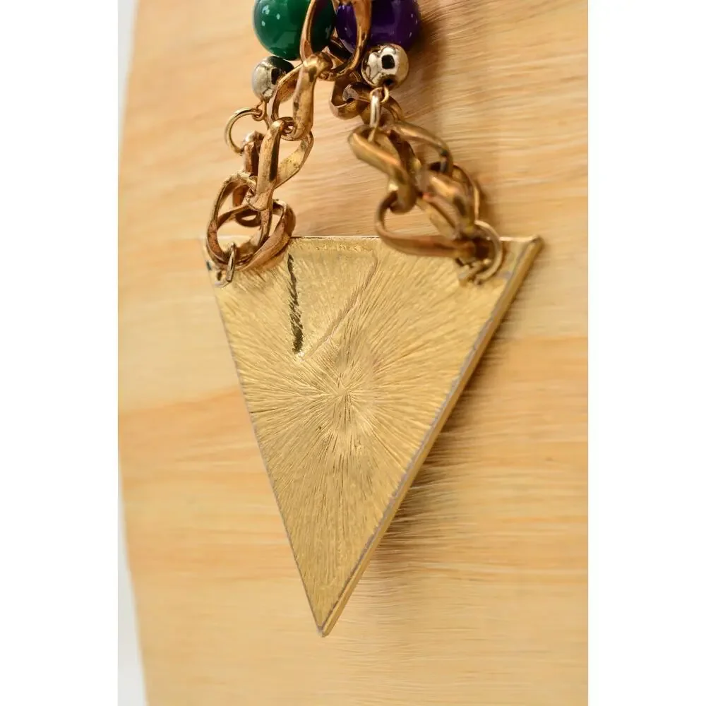 Vintage Multicolor Enamel Geometric Triangle Statement Necklace Gold Beaded BinY